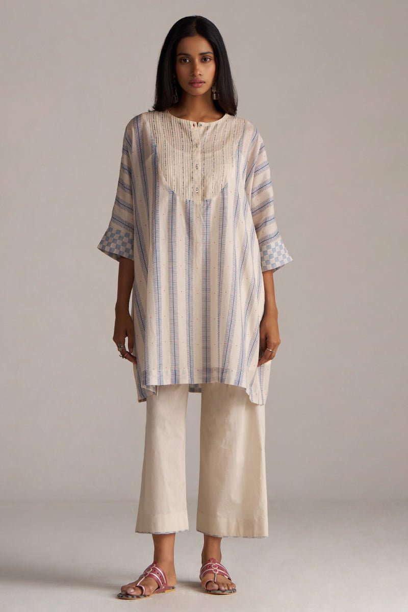Cream and Blue Mul Chanderi Co-ord Set