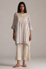 Cream and Blue Mul Chanderi Co-ord Set