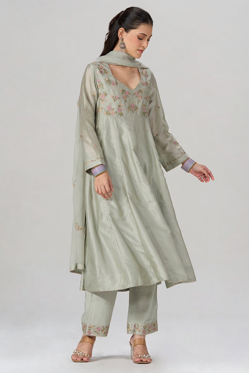 Silver Birch Grey Embroidered Festive Anarkali Set - Ganga Fashions