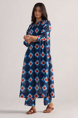 full front model view Deep Blue Cotton Linen Printed Co-ord Set