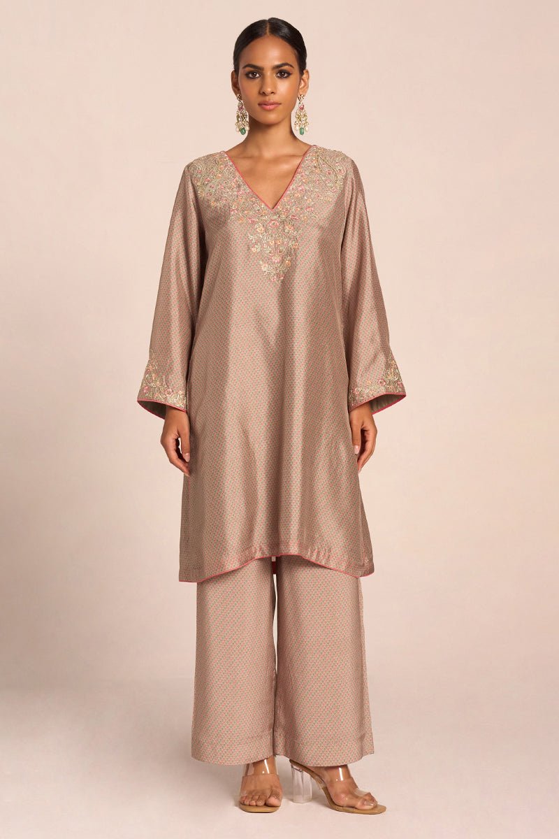 Grey Print and Embroidered Festive Co-ord Set - Ganga Fashions