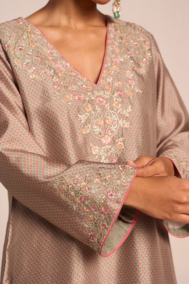 Grey Print and Embroidered Festive Co-ord Set - Ganga Fashions