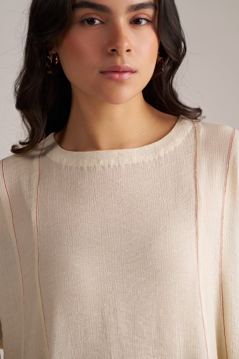 Woman wearing a beige top with a plain background, Birch Cream Co-ord Set for Women | Rangmanch | Ganga Fashions