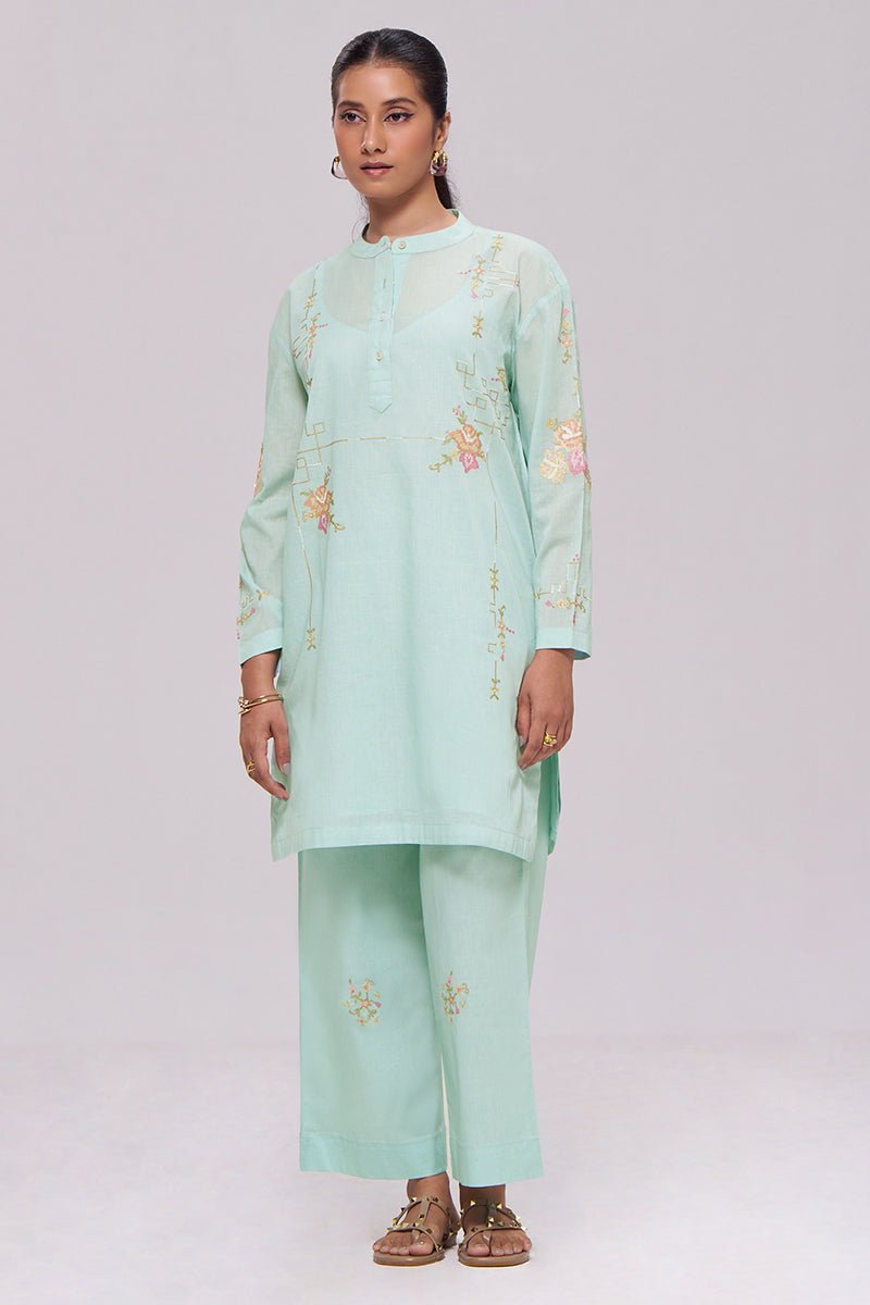 Ice-Blue Mul-Chanderi Co-ord Set - Ganga Fashions