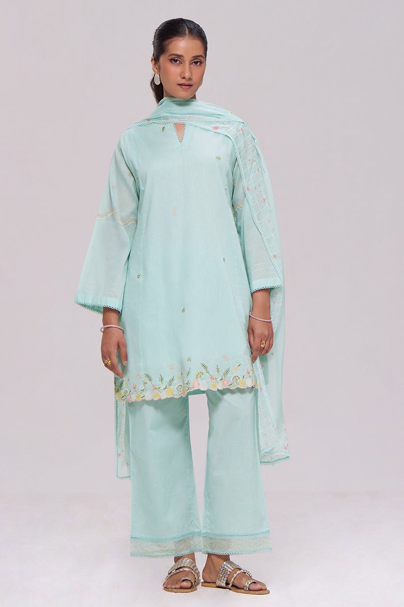 Ice-Blue Mul-Chanderi Kurta Set - Ganga Fashions