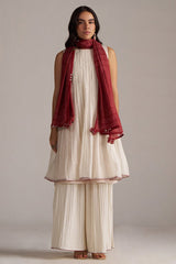 Ivory and Maroon Pure Chanderi Kurta Set