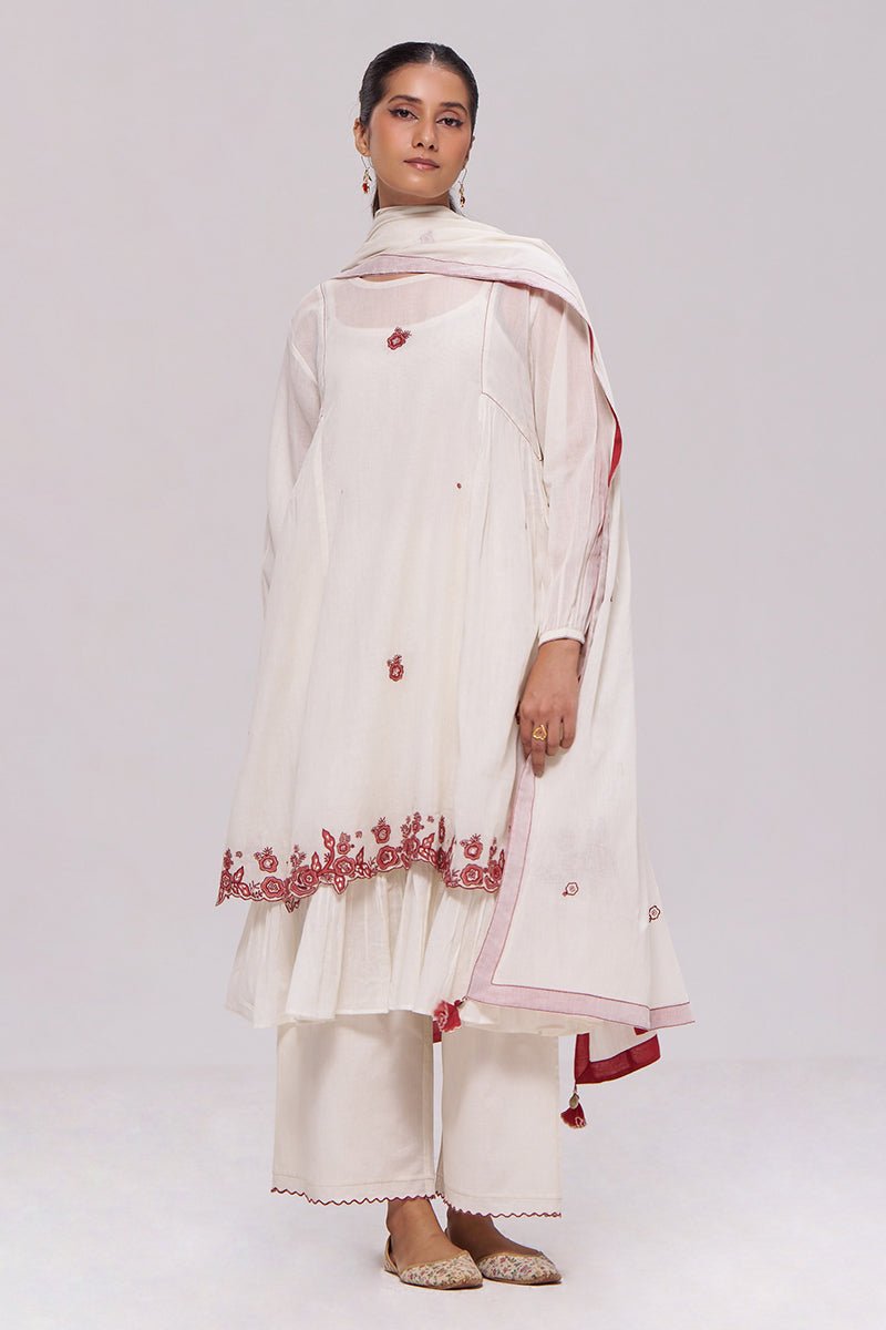 Ivory and Maroon Pure Cotton Kurta Set - Ganga Fashions