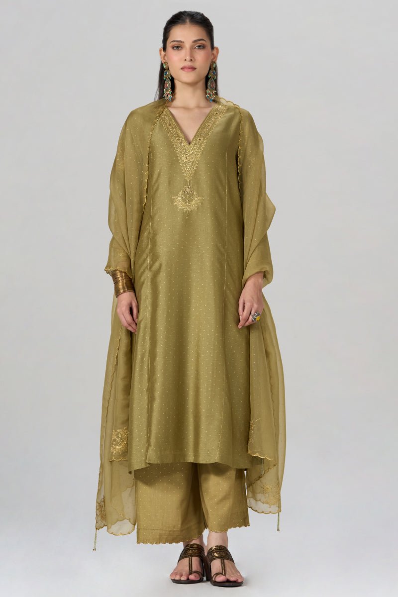 Khaki and Gold Foil Printed Festive Kurta Set - Ganga Fashions