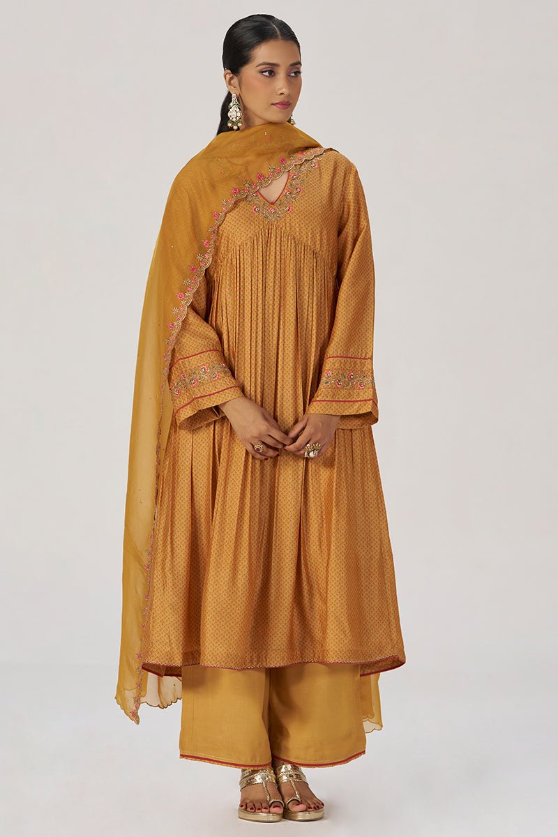Light Mustard Print and Embroidered Festive Kurta Set - Ganga Fashions
