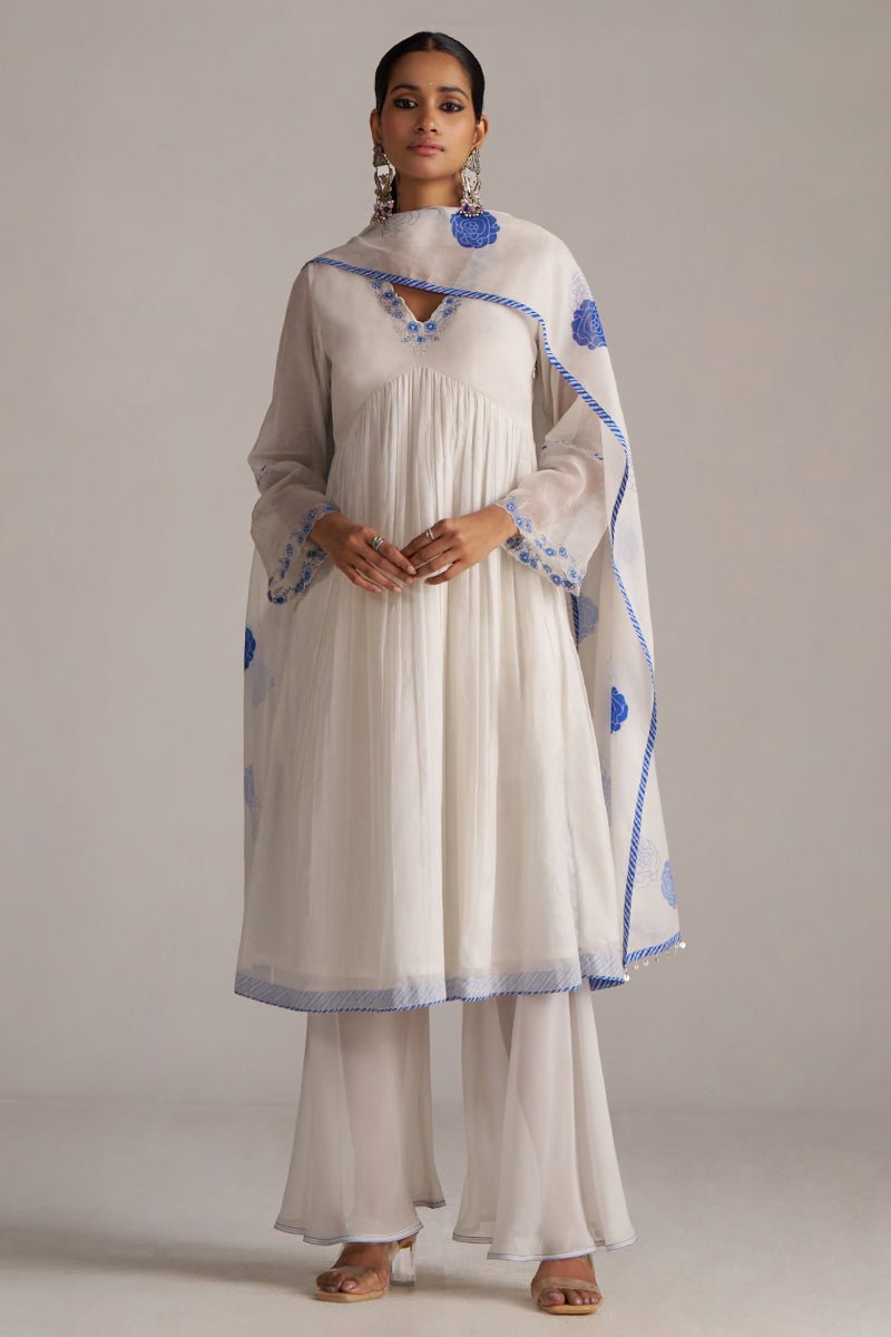 Marshmellow and Cobalt Blue Chanderi Kurta Set