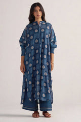 fornt side model view Morroccan Blue Anar Print Mul-Chanderi Co-ord Set