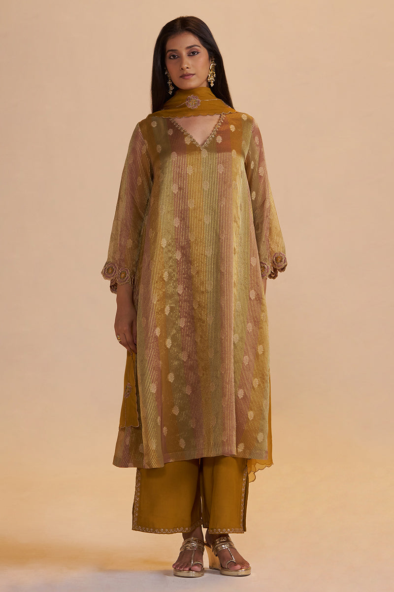 Mustard and Brown Zari Woven Festive Kurta Set