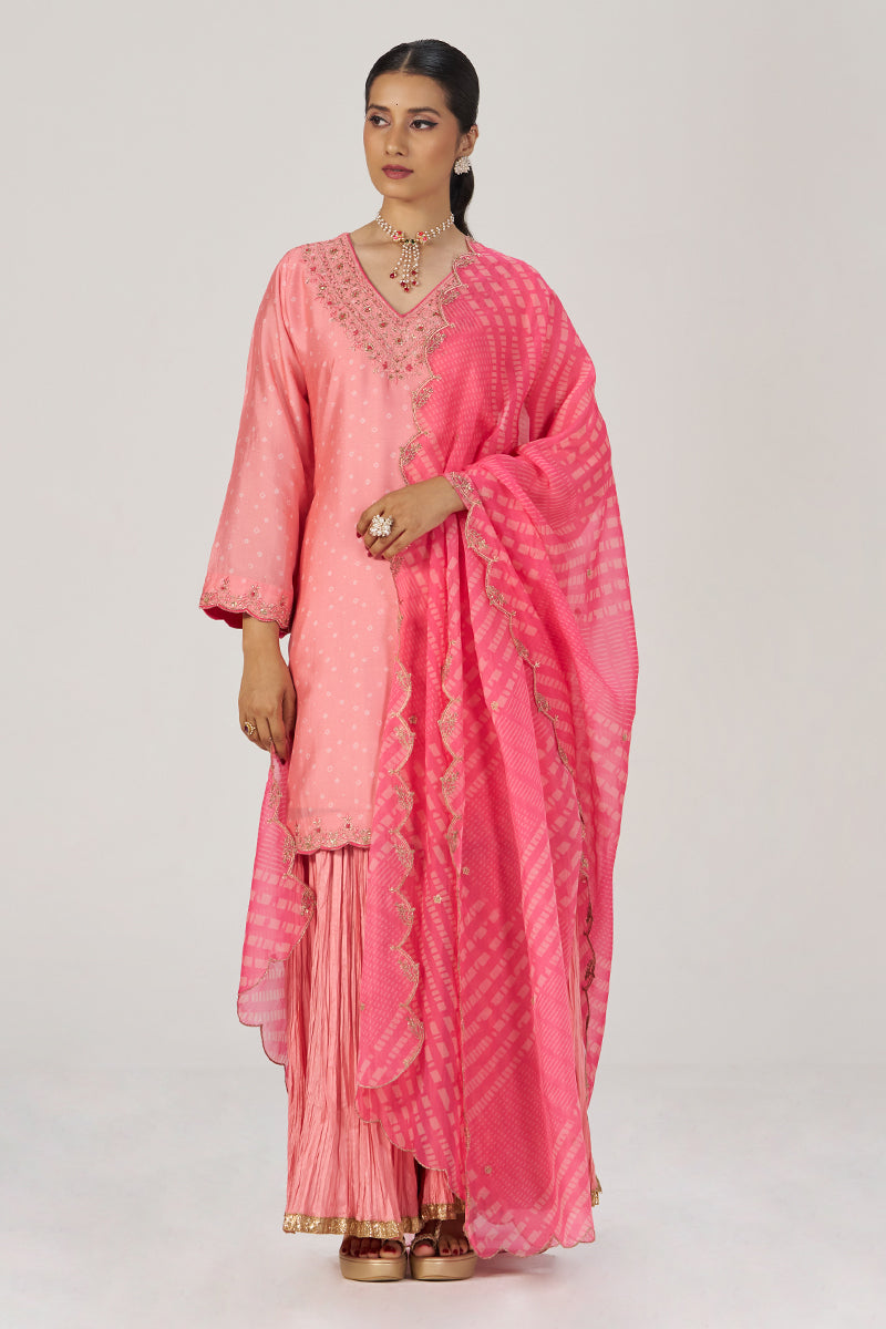 Peach Blossom Festive Bandhani Print Sharara Set