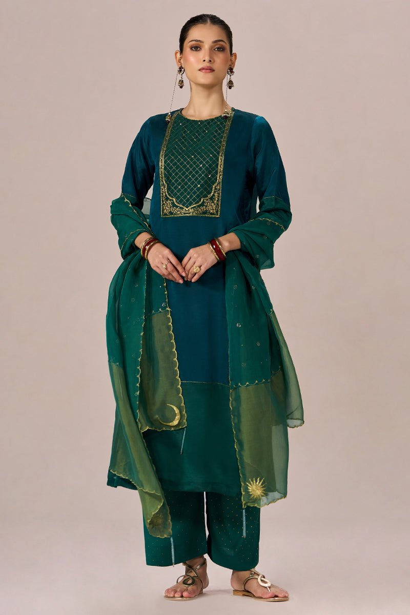 Peacock Blue and Peacock Green Festive kurta Set - Ganga Fashions