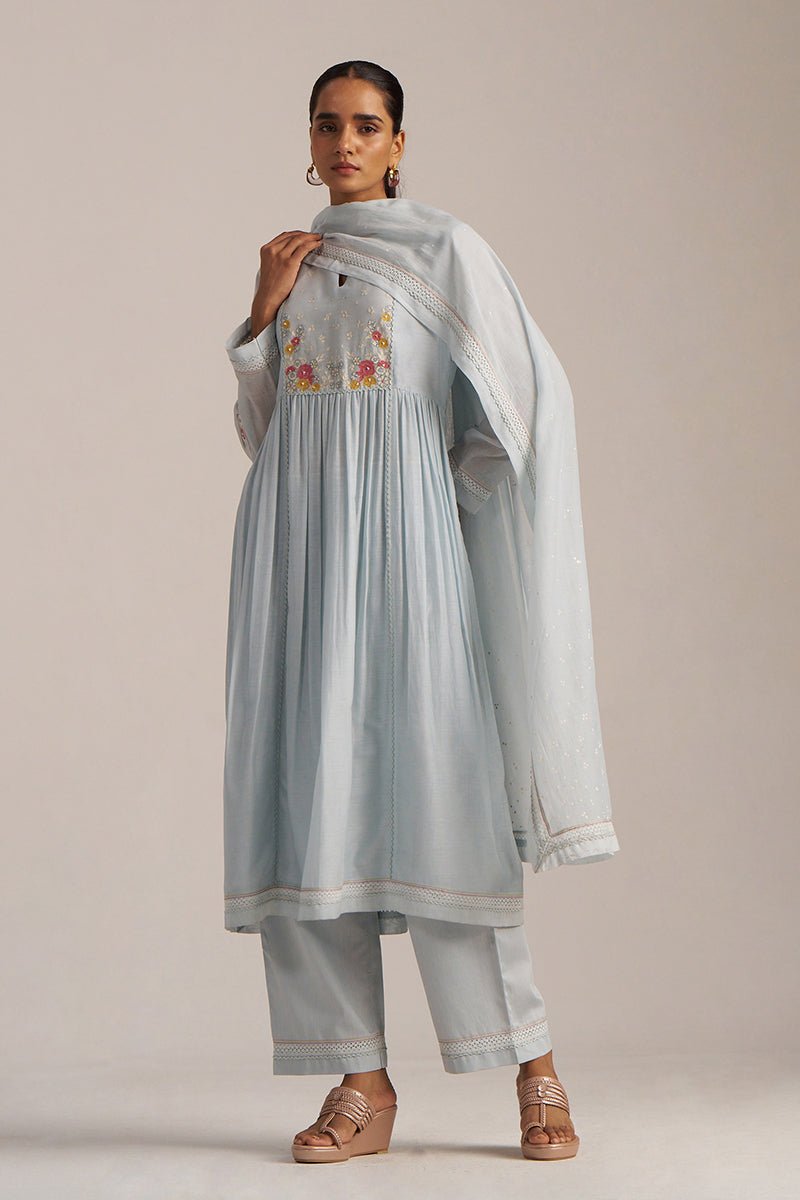 Chalk Blue Mul Chanderi Embroidered Kurta Set
