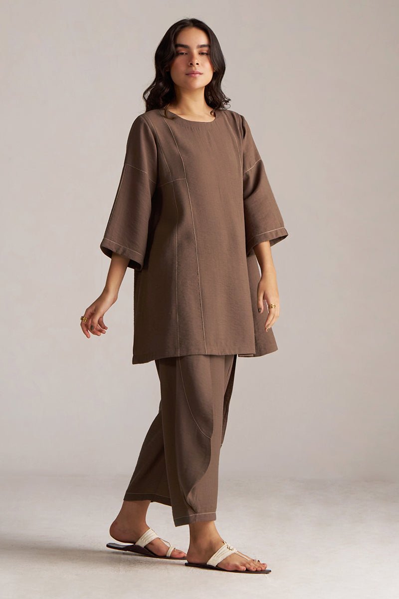 Woman wearing a brown outfit on a plain background, Rain Drum Brown Co-ord Set for Women | Rangmanch | Ganga Fashions