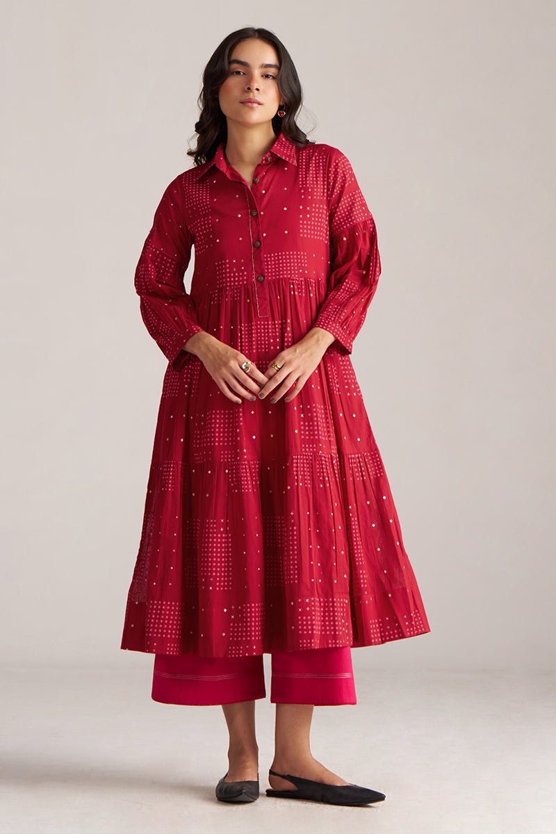 Fornt full body Model view Samba Red & Beetroot Purple Cotton Co-ord Set