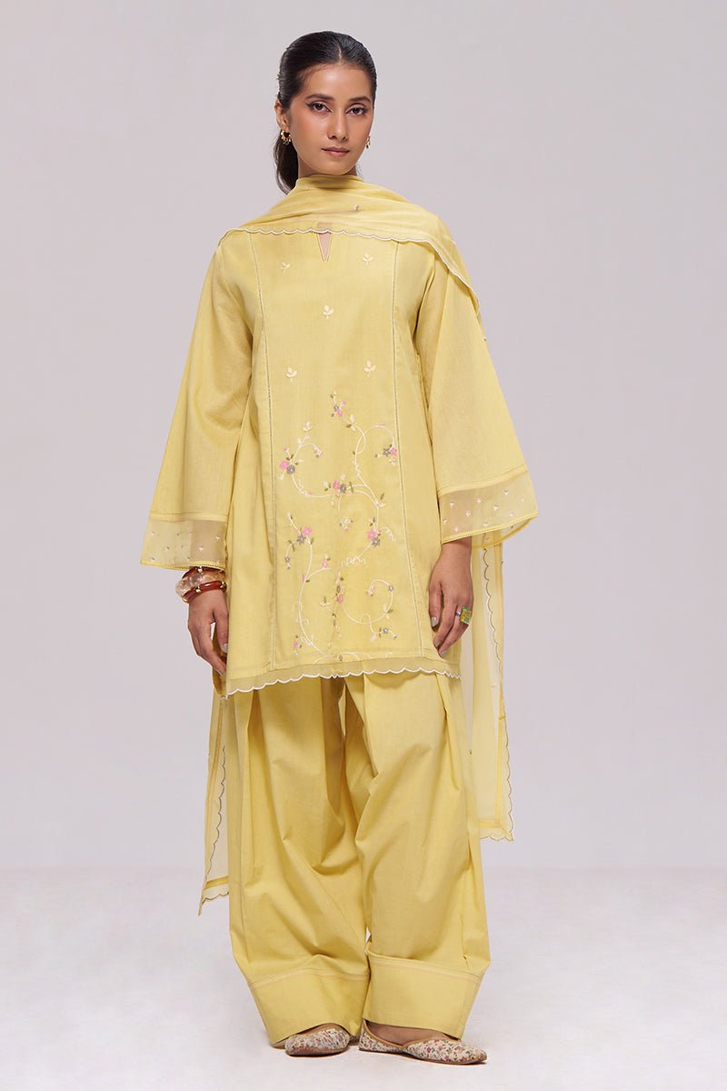 Sulphur Yellow Mul-Chanderi Kurta Set - Ganga Fashions