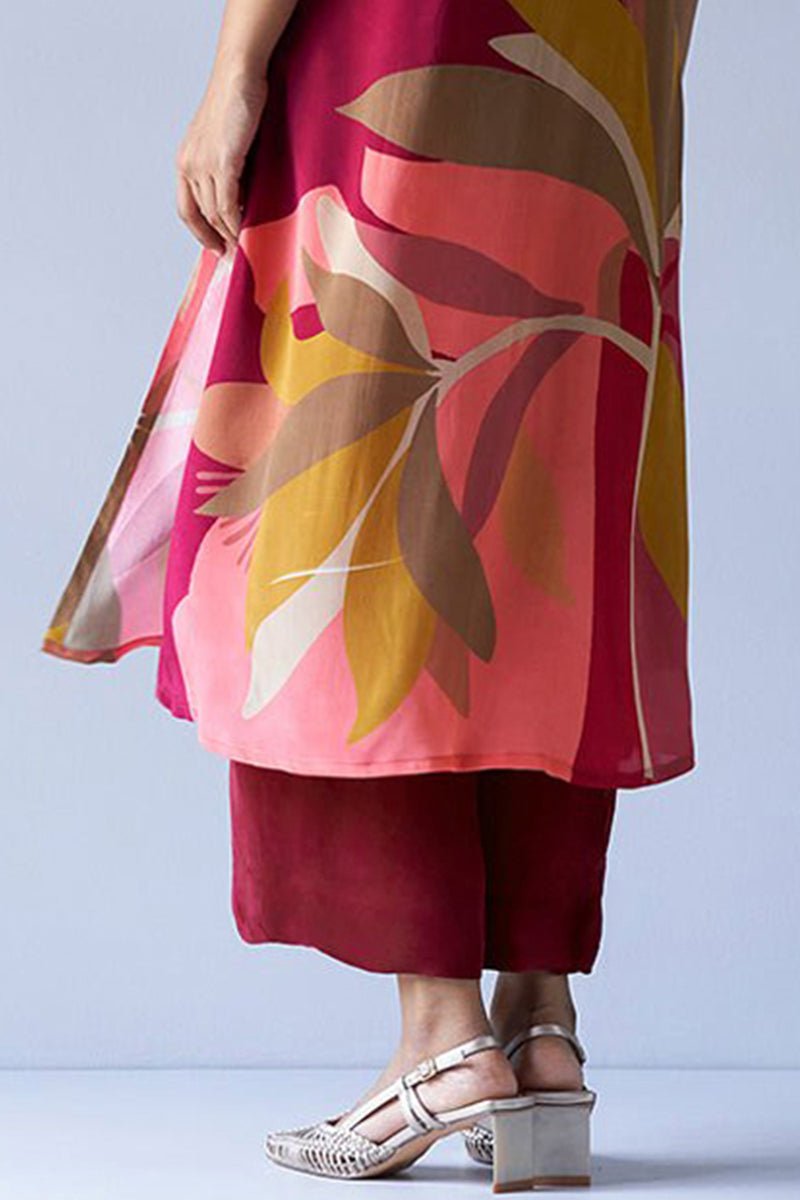 Maroon and Peach Crepe Silk Printed Co-ord Set