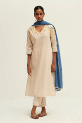 Cream and Blue Cotton Linen Embroidered Salwar Suit