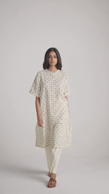 Cream and Blue Small Flower Hand-Print Cotton Linen Co-ord Set
