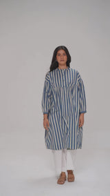 Blue and Cream Striped Cotton Kurta With White Bottom Set