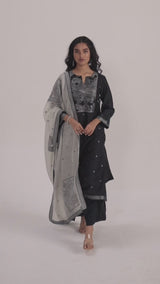 Black and Off White Woven Linen Salwar Suit