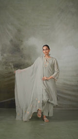 Seagrass Grey Raw Silk Festive Kurta Set