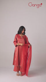 Aurora Red Woven Tissue Festive Kurta Set