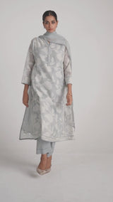 Grey Woven Pheran Kurta Set
