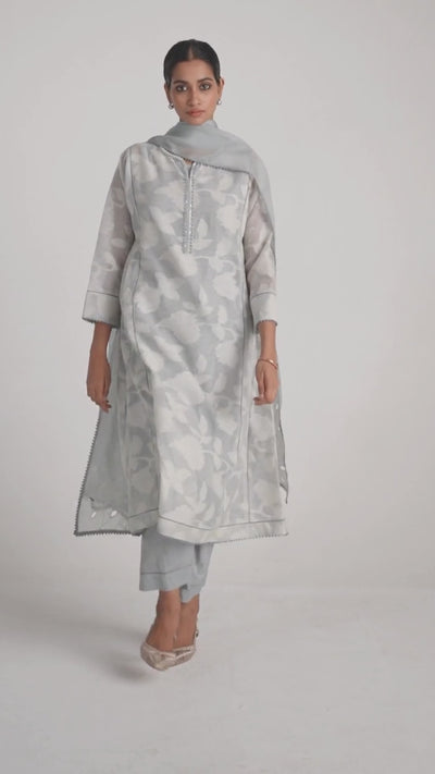 Grey Woven Pheran Kurta Set