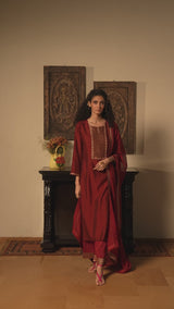 Deep Red Silk Festive Kurta Set