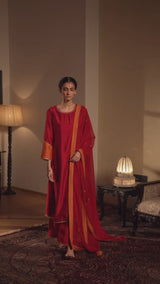 Red and Orange Raw Silk Festive Kurta Set