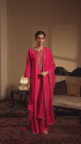 Rani Pink Chanderi Silk Festive Kurta Set