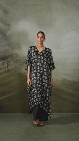 Black Lotus Print Gaji Silk Festive Kaftaan Set ( Co-ord Set )