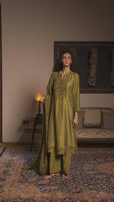 Green Olive Raw Silk Festive Kurta Set