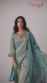 Mineral Blue Woven Tissue Festive Kurta Set