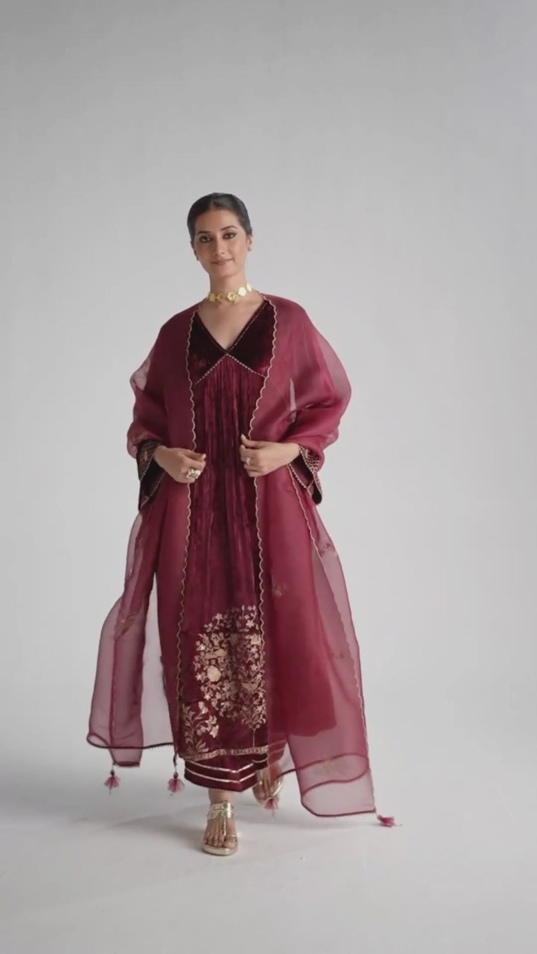 Sun-Dried Tomato Velvet Festive Kurta Set with Kora Silk Dupatta