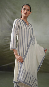 Off-White And Blue Woven-Chanderi Kurta Set