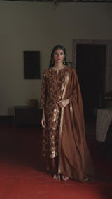 Argan Oil Brown Woven Silk Salwar Suit