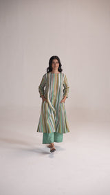 Shades of Teal and Green Stripe Cotton-Linen Co-ord Set