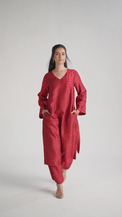 Chilli Pepper Silk Co-ord Set with Bold Embroidery