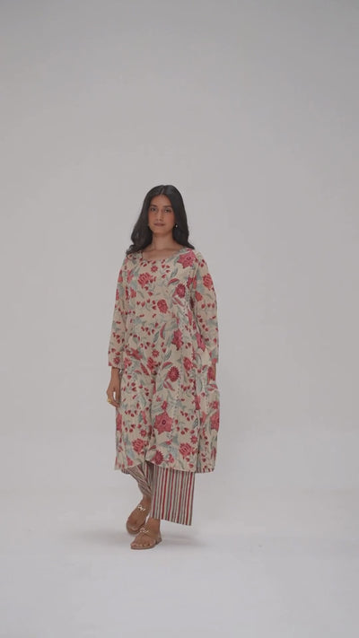 Vintage Beige and Rose Floral Print Kurta and Stripe Bottom Set - Ganga Fashions