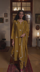 Mustard Silk Embroidered Festive Kurta Set