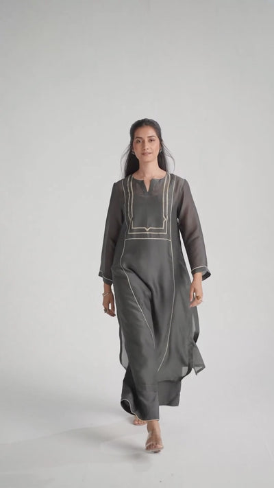Iron Grey Silk Co-ord Set with Subtle Embroidery