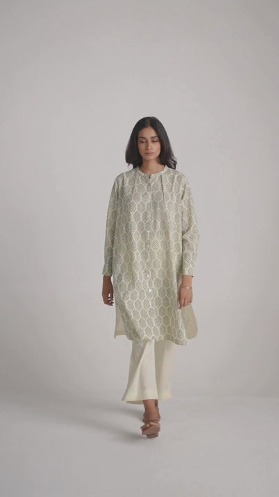 Cream and Deep Olive Mughal Tree Hand Print Cotton-Linen Co-ord Set