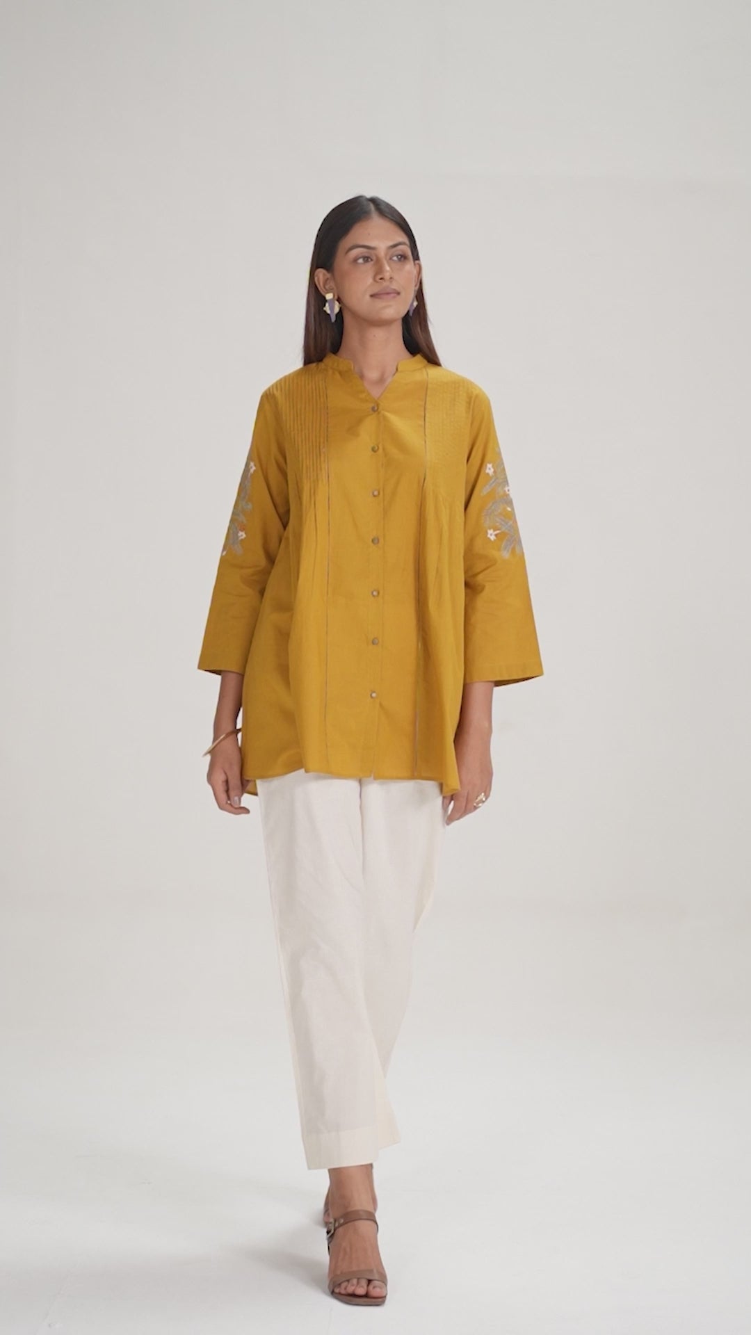 Mustard Mul-Mul Embroidered Tunic - Ganga Fashions