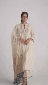 Beige Mul-Chanderi Embroidered Kurta Set