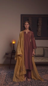 Dark Chocolate Brown and Mustard Chanderi Silk Festive Kurta Set