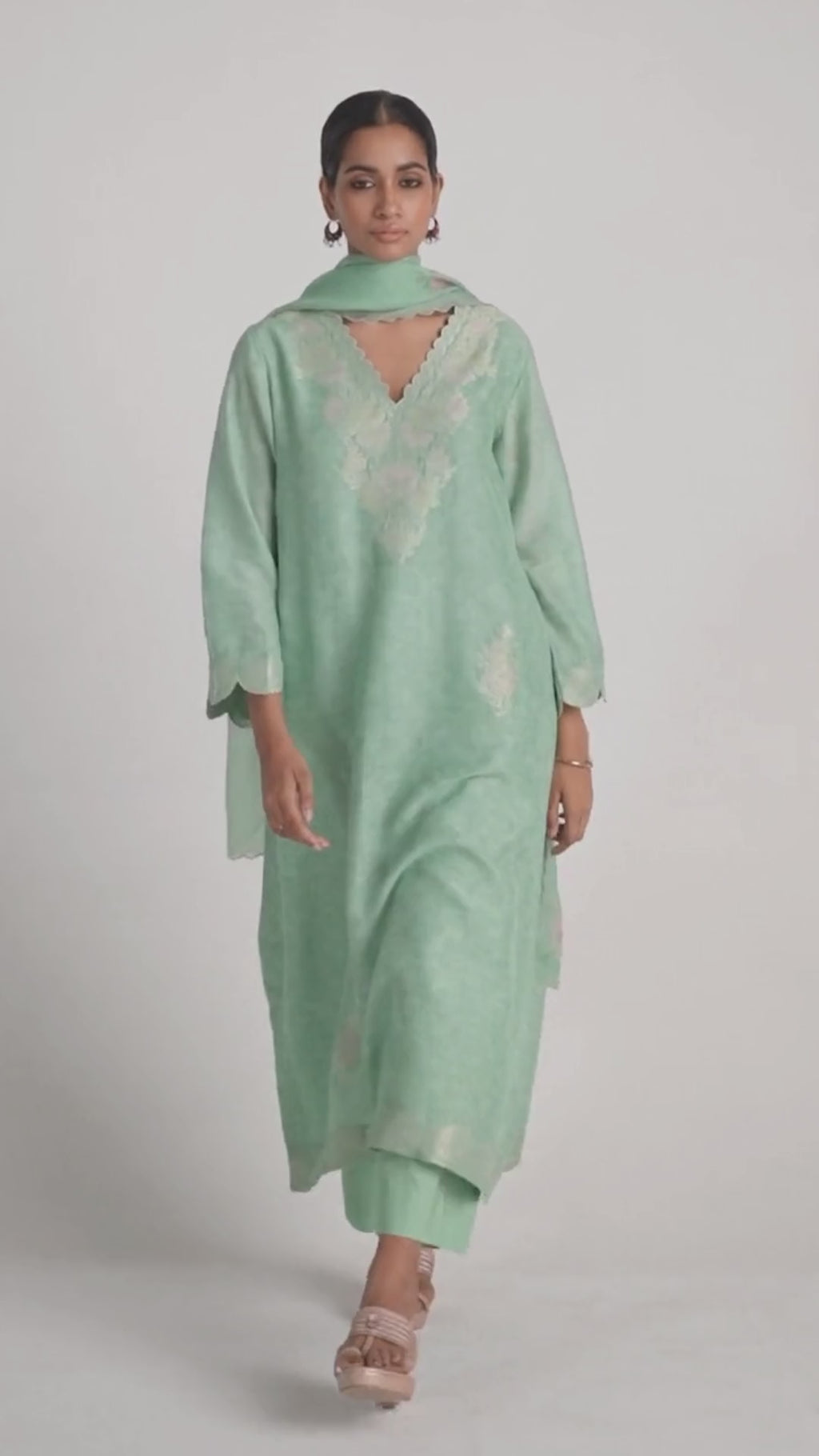 Dusty Jade Green Woven Silk Kurta Set